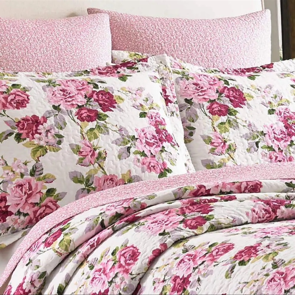Laura Ashley Lidia Multicolored Pink Floral Cotton Queen Quilt Set- gentl…